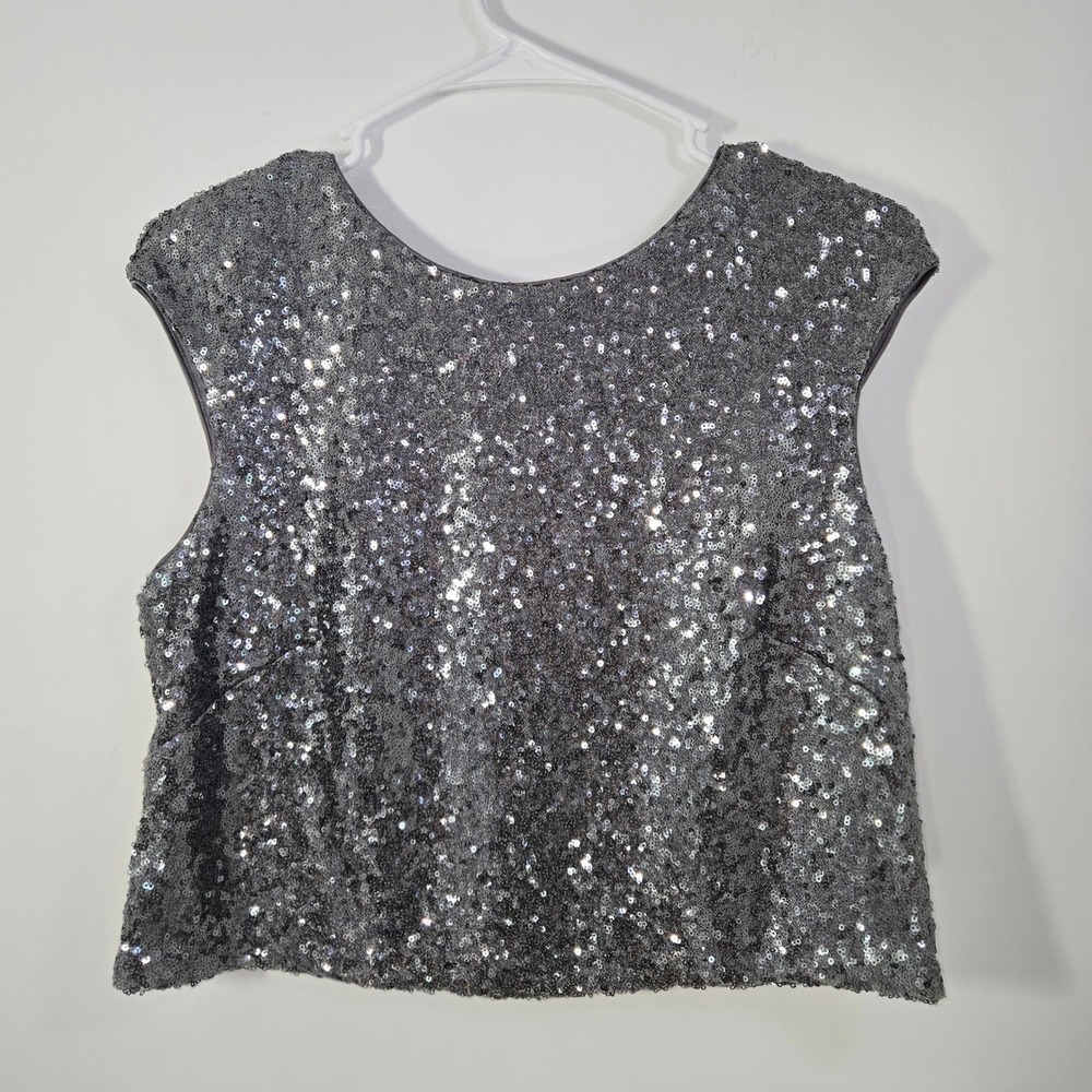 Jenny Yoo Collection Sequin Crop Top Gunmetal Grey Sleeveless Keyhole Back M